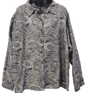 Gold Label Paisley Button Up Shirt Womens Long Sleeve Gray Black Collared Sz 24W